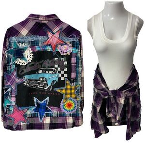 Upcycled Flannel Shirt Shacket Womens 1X Grunge Patchwork Folk Art Mechanic